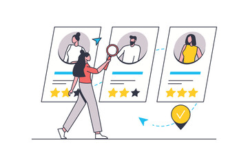 HR manager flat line concept. Woman looks at online resumes of candidates and selects staff for office. Recruiting and human resources. Vector illustration with outline people scene for web design