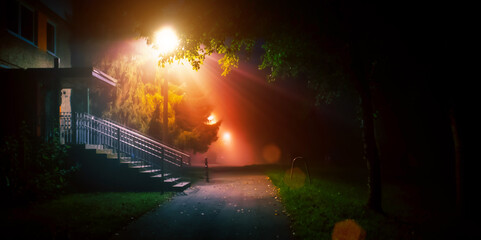 light of street lamp in foggy night weather