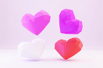 paper low poly hearts, paper craft work, 3d rendering