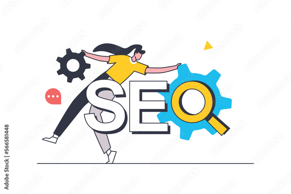 Poster seo optimization flat line concept. woman analyzes keywords and data, adjusts website metrics and se