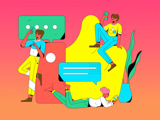 Virtual characters social communication concept business flat vector hand drawn illustration
