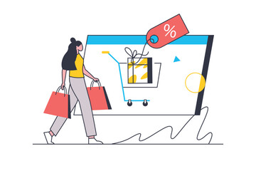 Shopping flat line concept. Woman with packages makes purchases and orders goods online, receives discounts, bonuses and gifts from store. Vector illustration with outline people scene for web design