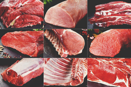Solomillo de ternera y chuletones sobre fondo de piedra o pizarra negra. Collage o dise&ntilde;o de diferentes tipos de carne cruda para carnicer&iacute;a o restaurante.