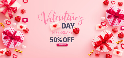 Happy Valentine's Day Sale Poster or banner with Heart Shaped Gift Box, sweet hearts and valentine elements on pink .Promotion and shopping template for love and Valentine's day concept.