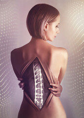 Scoliosis medical condition, woman showing her Xray image, sideway curvature adolescent scoliosis, spine operation