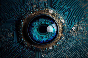 Blue bionic eye with microchip. Generative AI.
