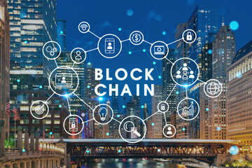 Chicago downtown area city view and Millennium Park, night time, Illinois, USA. Skyscrapers of financial district. Decentralized economy. Blockchain, cryptography and cryptocurrency concept, hologram
