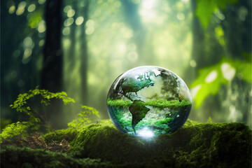 Obraz na płótnie Canvas Crystal Earth globe on moss in a forest