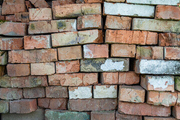 Beautiful texture old brick from big wall block, natural structure close up