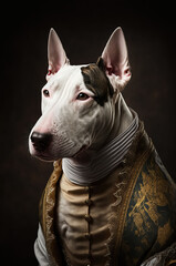 Portrait of a bull terrier in classic English clothes. Generative AI.