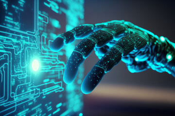 Hand of a robot touching a monitor. Future interface, artificial intelligence technology concept.