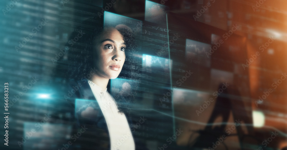 Leinwandbilder futuristic, ai and business woman, iot and connectivity, cyber data overlay and technology innovatio