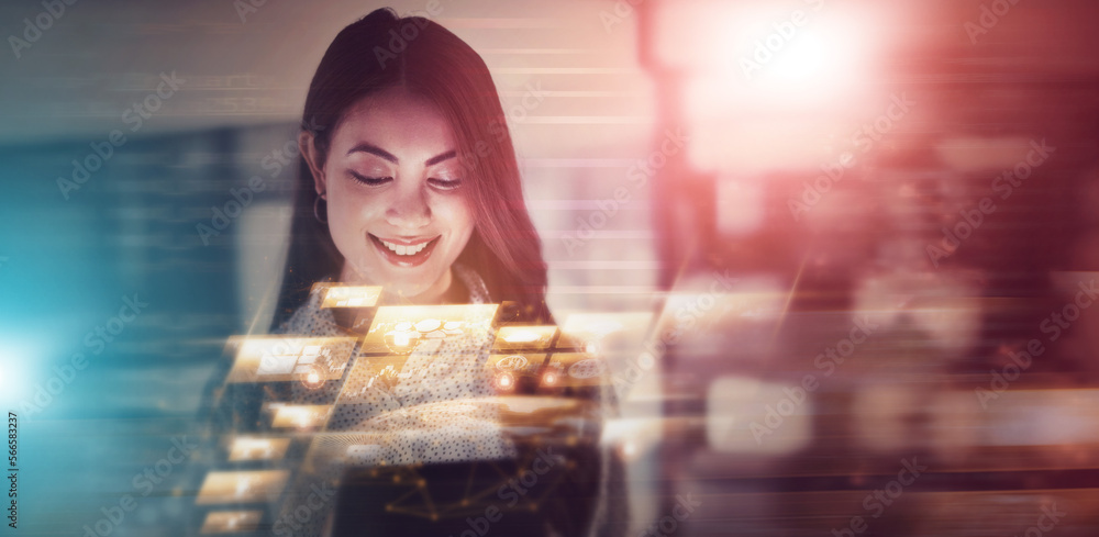 Aufkleber Overlay, software and cyber security with a business woman in a dark office working late at night on programming. Digital, cloud computing or programming with a female developer at work on a hologram