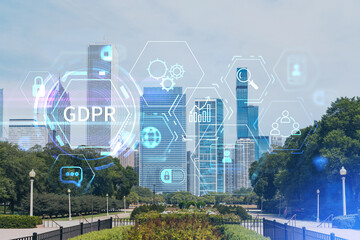 Chicago skyline from Butler Field towards financial district skyscrapers, day time, Illinois, USA. Parks and gardens. GDPR hologram, concept of data protection regulation and privacy for individuals