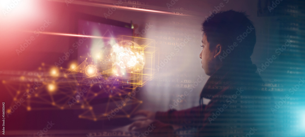 Poster Man, computer and overlay in night with space for mockup, innovation or development in office. Information technology, web design expert and 3D hologram abstract for planning, coding or cybersecurity