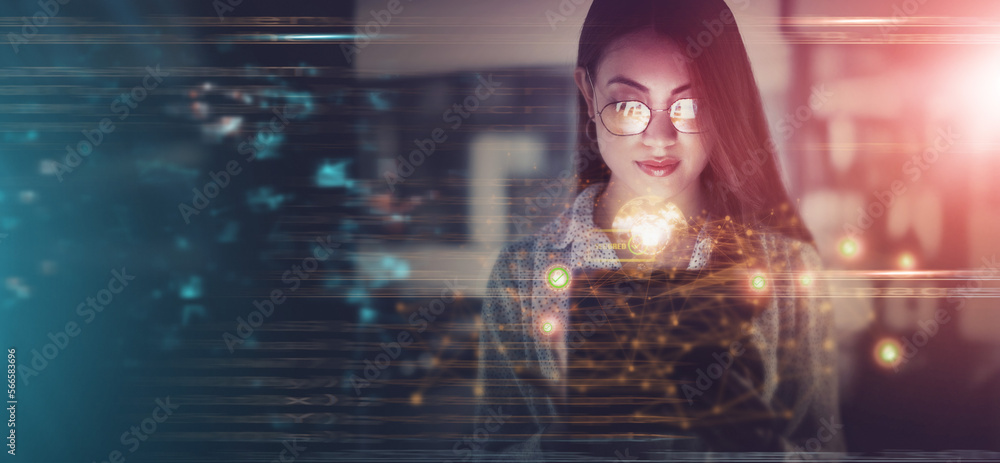 Poster Overlay, hologram and cybersecurity with a business woman in a dark office working late at night on programming. Mockup, cloud computing and programming with a female developer at work on software