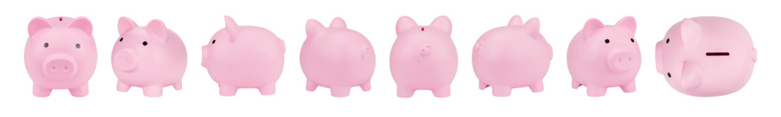 Collection of Pink piggy bank isolated on white background with clipping path.