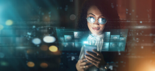 Futuristic, AI and business woman, smartphone and connectivity, cyber data overlay and technology...