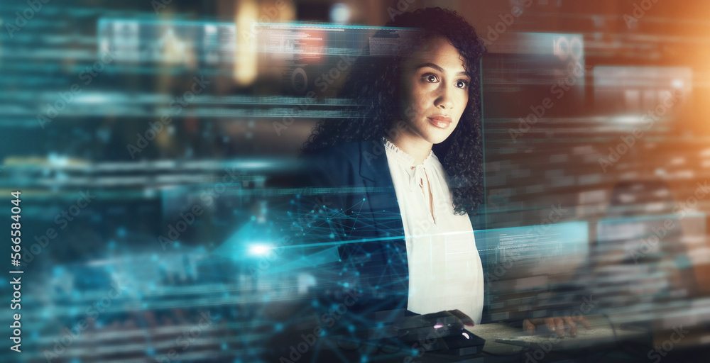 Poster futuristic, ai and business woman, cyber data and connectivity, iot overlay and technology innovatio