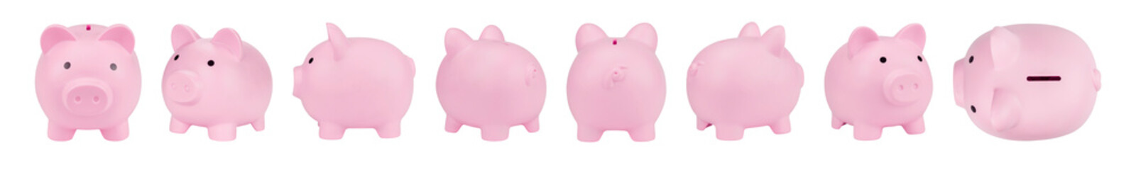 Collection of Pink piggy bank isolated on white background with clipping path.