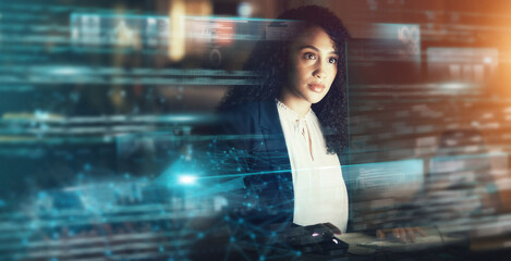Futuristic, AI and business woman, cyber data and connectivity, iot overlay and technology...
