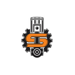 illustration of gear, piston and initial s, vector art.