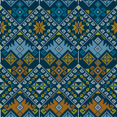 Yakan weaving inspired vector seamless geometric pattern - Filipino traditonal wallpaper, textile or fabric print design in navy blue, orange and yellow
