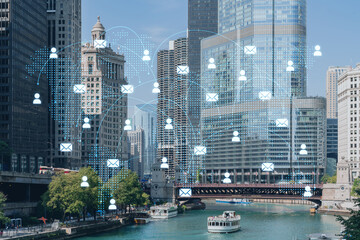 Fototapeta premium Panorama cityscape of Chicago downtown and Riverwalk, boardwalk with bridges at day time, Illinois, USA. Social media hologram. Concept of networking and establishing new people connections