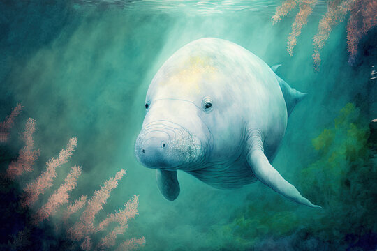 Digital watercolor painting of a whale underwater. 4k Wallpaper, background