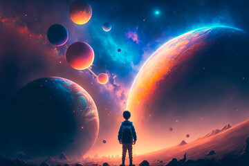 A boy standing among the luminous planets in the night sky, Generative AI
