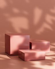3D scene or podium stand with space for the product. 
Podium in beige and pink color on a beautiful background illuminated by the rays of the sun with shadows. Rendering 3D