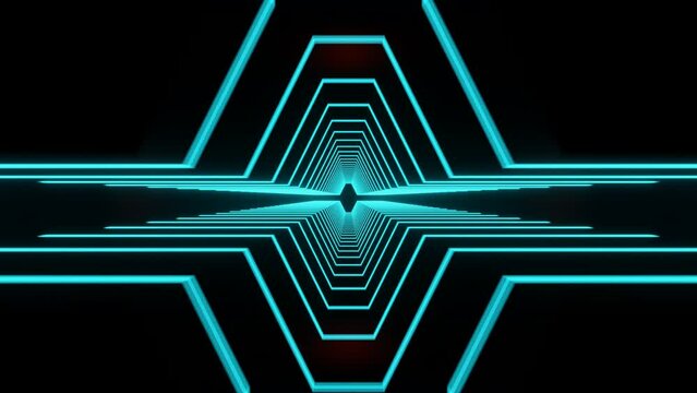 Sci-fi corridor, loop animation. Blue illuminated futuristic scifi channel. Dark space with neon tubes, futuristic concept. 3D animation