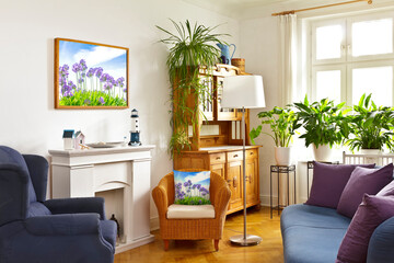Custom-made home decoration concept: colorful living room with a framed print of flower picture and throw pillow of the same photo.