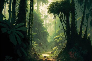  a painting of a jungle scene with steps leading up to a waterfall in the middle of the jungle with trees and plants on either side of the path.  generative ai