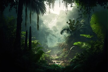  a jungle scene with a stream in the middle of the jungle with lots of trees and plants in the foreground and a sunbeam in the background.  generative ai