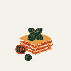 Italian lasagna. Basil and tomato. Food textured composition.  - obrazy, fototapety, plakaty