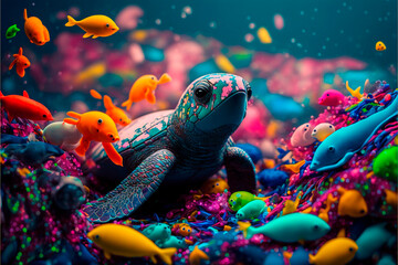 Fototapeta na wymiar turtle under the sea in colorful pollution 
