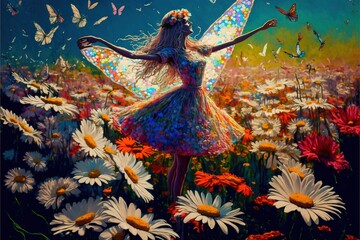 a painting of a girl in a field of flowers with butterflies flying around her and a butterfly in her hand, with a blue sky background.  generative ai