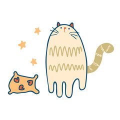 Hand drawn cute striped cat, pillow and stars. Perfect print for tee, stickers, poster. Isolated vector illustration for decor and design.
