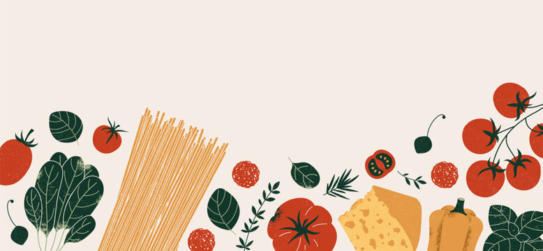 Pasta and tomatoes with garlic and basil. Textured illustration. Italian food horizontal banner. Vector illustration