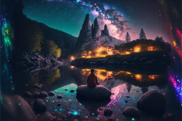 Obraz na płótnie Canvas A monk sits on top of a mountain in magical night. Generative Ai.