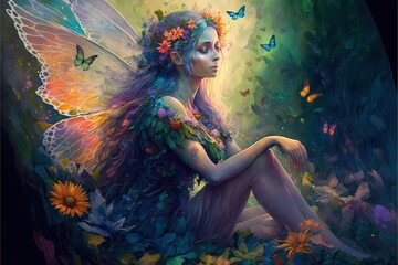  a painting of a fairy sitting on the ground surrounded by flowers and butterflies, with a butterfly in her hair and a butterfly in her hand. generative ai