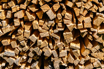 Photography on theme big wall of stacked oak tree logs in cracks