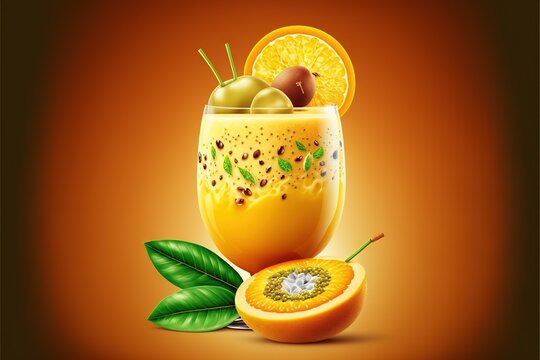  a glass of orange juice with a slice of orange on the side and a whole orange on the side with leaves and a piece of fruit on the side.  generative ai