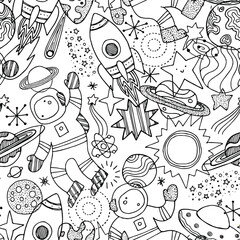 Various space elements seamless pattern. Coloring book. Scandinavian minimalist style. Astronaut, planet, spaceship, star. Vector illustration