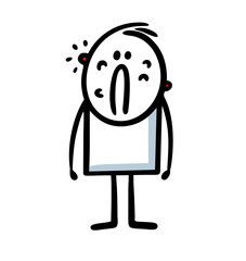 Doodle hand drawn frustrated teenager with pimples on his face stands sadly.