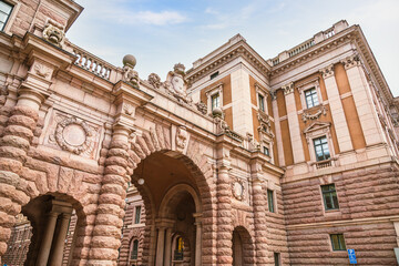 Low angle view of the Swedish Parliament House in Stockholm, Sweden