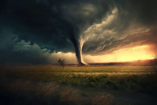 Tornado on agricultural field at sunset. Generative AI 