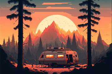 Camping Urlaub, camping in the woods, campsite with trailer and campfire, landscape in retro style, Generative AI