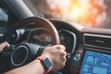Digital speedometer and HUD (Head Up Display) in an autonomous vehicle's empty cockpit. a...